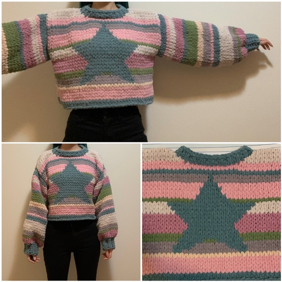 Pink Gray Tan Green Striped Star Graphic Chunky Chenille Knit Crop Sweater Y2k - Picture 3 of 4